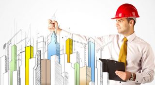 A young construction site worker in a red safety helmet happily sketching a colorful city sight, drawing lines, arrows, angles, cranes buildings with a pen in his hand